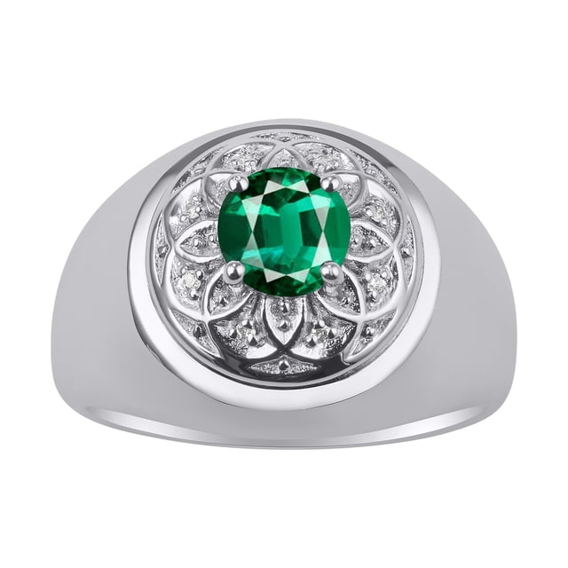 RYLOS Men's Rings Sterling Silver Designer Gypsy 7MM Round Gemstone & Diamond Ring Emerald May Birthstone Rings Size 11