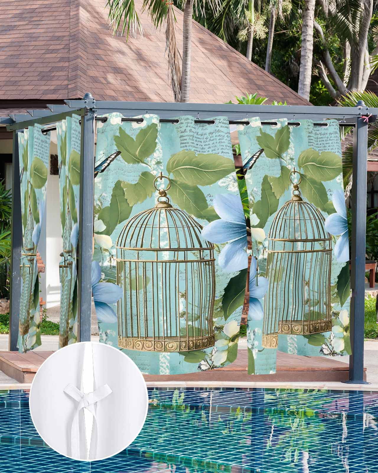 nqOlkjepod Outdoor Curtains for Patio Waterproof, Birds Cage Outdoor Privacy Panels Grommet, Spring Botanical Blue Floral Blackout Outside Curtains for Porch/Cabana/Pergola/Gazebo 54"x95", 2 Panels