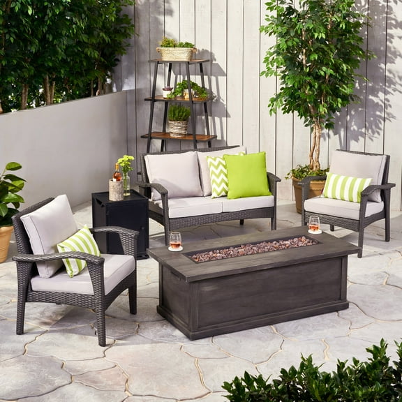 Voyage Outdoor 4 Seater Wicker Chat Set with Fire Pit, Gray and Light Gray