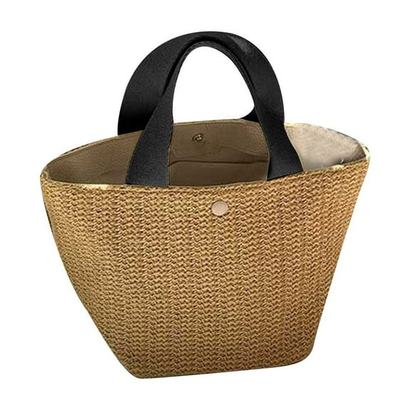 Womens Straw Beach Bag, Woven Handbag with handle, French Basket Bag, for Daily Shopping Vacation Holiday (11.81"x4.72"x7.87")-Black-1 Pcs