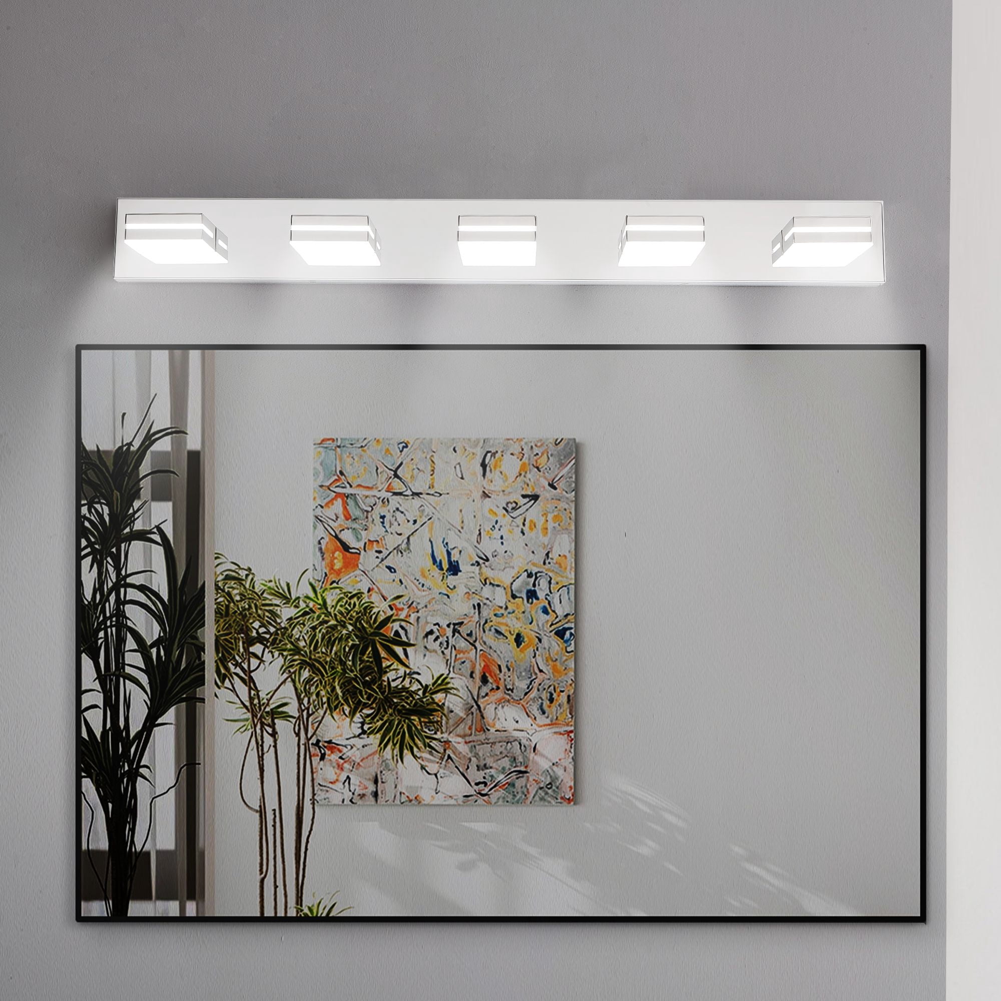 40 Inch Modern Chrome LED Vanity Light, 5-Light Wall Sconce for Bathroom Mirror, Integrated Minimalist Fixture with Geometric Lamp Heads, Hardwired Energy-Saving Bath Lighting