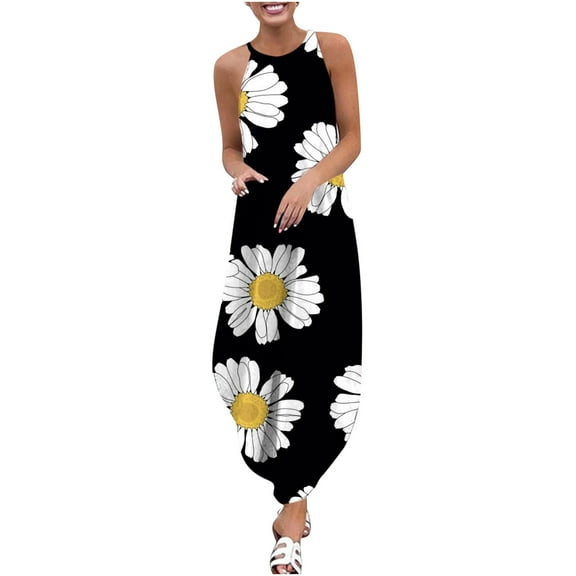 IROINNID Asymmetrical Dress For Women Strapless Sleeveless Summer Casual Halter Neck Suspender Skirt Slit Maxi Dress Round Neckline Print Dress