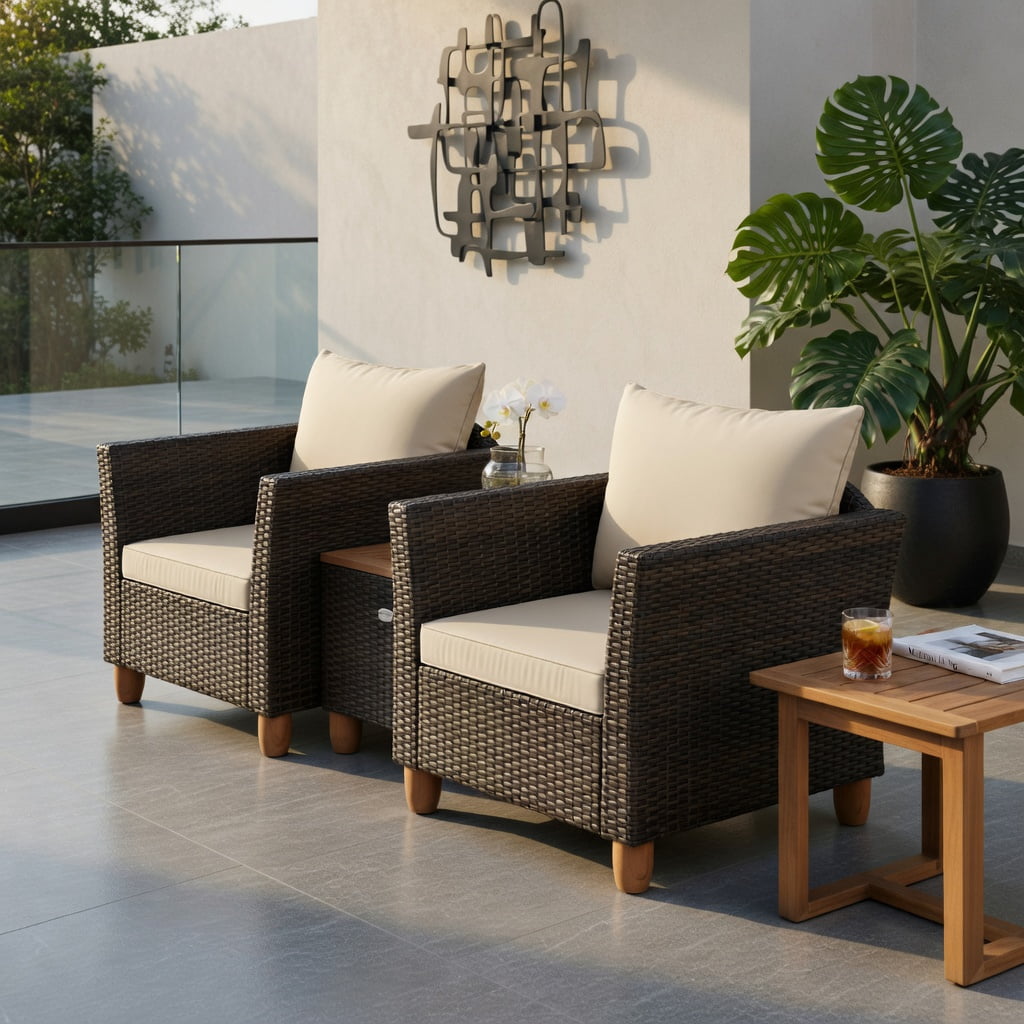 Hommoo 3-Piece Outdoor Rattan Bistro Set with Acacia Wood Table, Steel Frame, Weather-Resistant PE Wicker for Patio, Backyard & Poolside, Brown