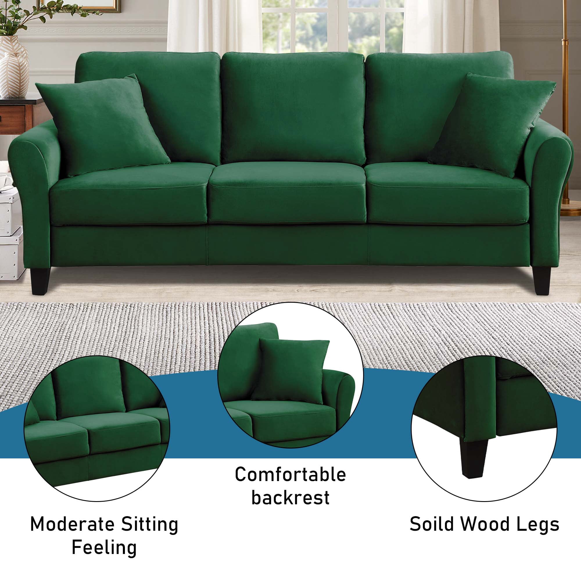 Aukfa 78.4" 3-Seater Sofa, Contemporary Upholstered Sofa Couch for Living Room, Velvet - Green