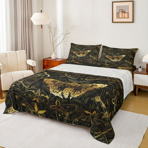 Castle Fairy Boho Animal Moth Twin Sheet Sets 3pcs for Children Teenagers Adults,Black Golden Twin Fitted Sheet Microfiber,Gothic Exotic Style Breathable Flat Sheet,Lightweight Room Decor
