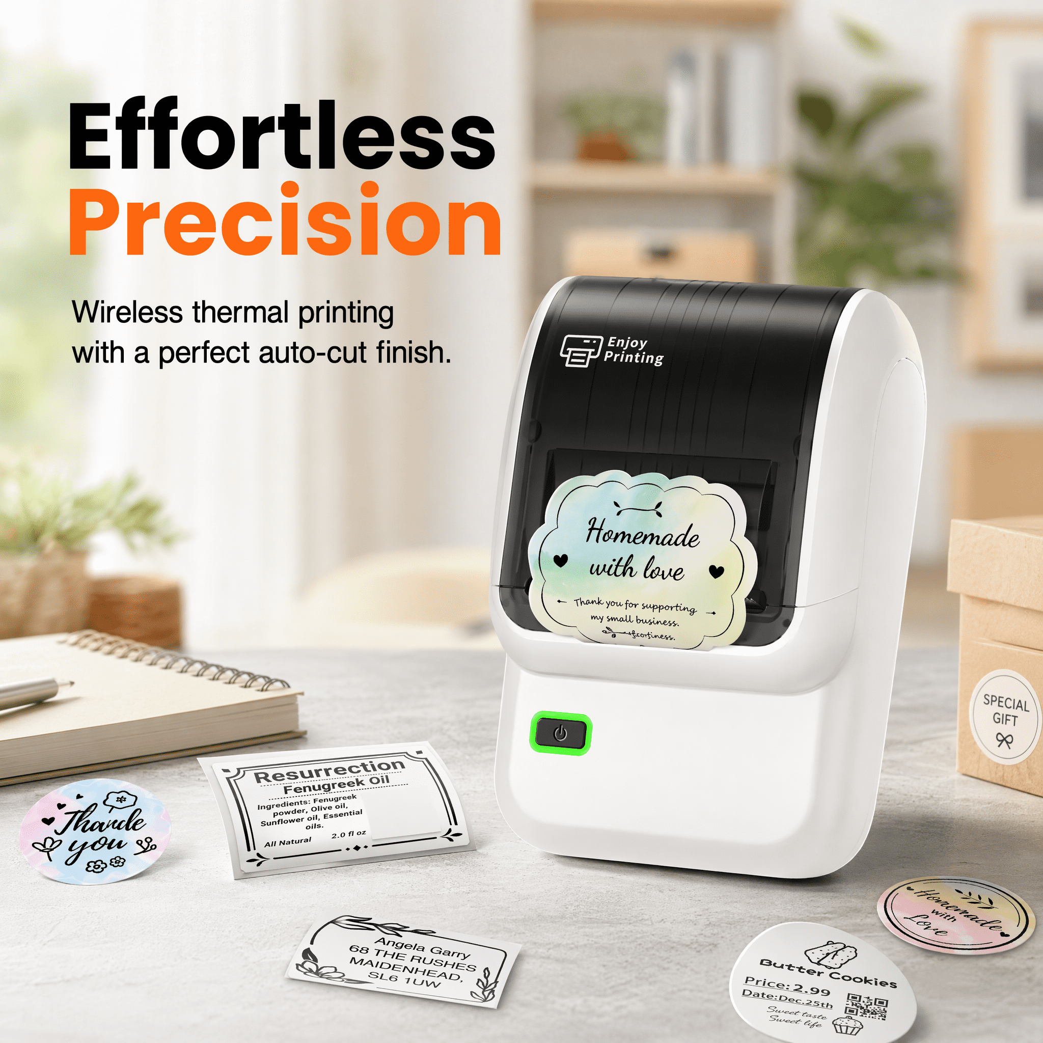 Phomemo M100 Label Maker with 100 Labels,Thermal Bluetooth Label Printer,No Ink 2 inch Barcode Printer with App Control, for Small Business, Clothing Tags,Round Gift Stickers(White)