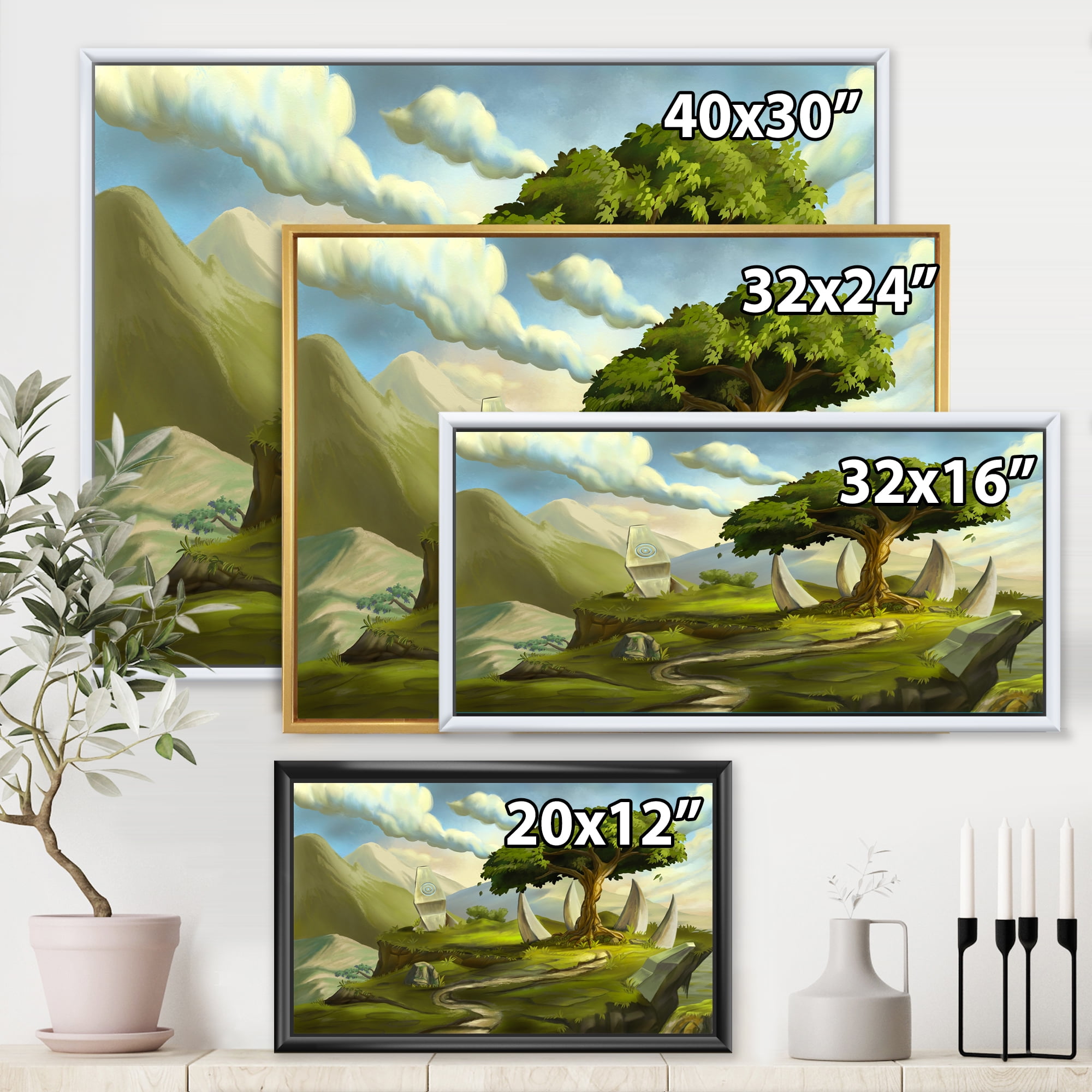 Sacred Tree In A Fantasy Green Landscape 40 in x 30 in Framed Painting Canvas Art Print, by Designart