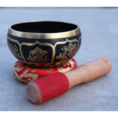 Tibetan Singing Bowl Complete Set With Mallet and Brocade Cushion ~ For Meditation, Chakra Healing, Prayer, Yoga (Medium)
