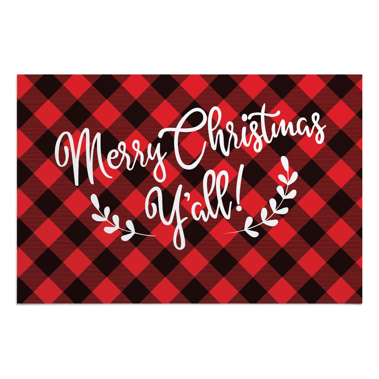 Personalized Planet 27x18 Marry Christmas Ya'll Holiday Doormat with Custom Family Name Printed on Red and Black Plaid Rectangular 1/8” Thick Non Slip Mat for Kitchen Hallway Deck or Porch