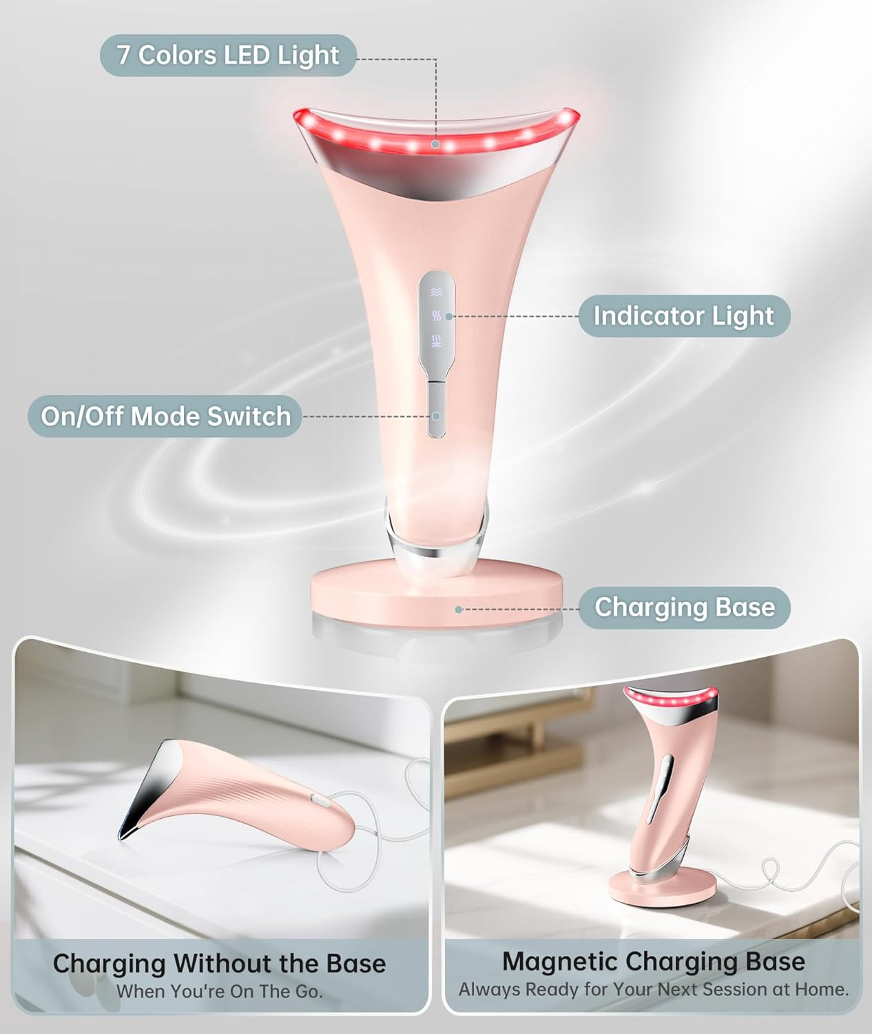 Red Light Therapy Facial Massager, 7 Color Adjustable Vibration and Heat for Wrinkles and Double Chin, Portable Skin Care Tool with Charging Base