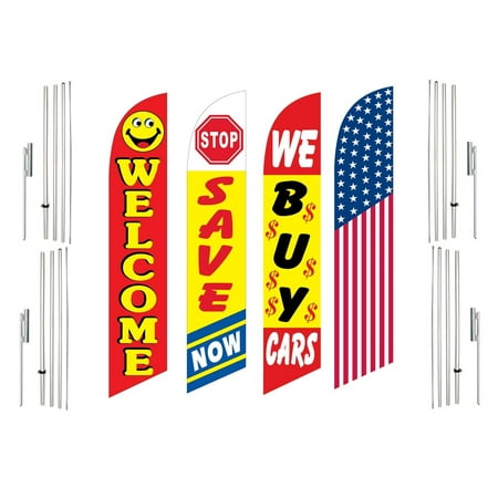 4 Swooper Flags With 4 Pole Kits Welcome Save Now We Buy Cars America