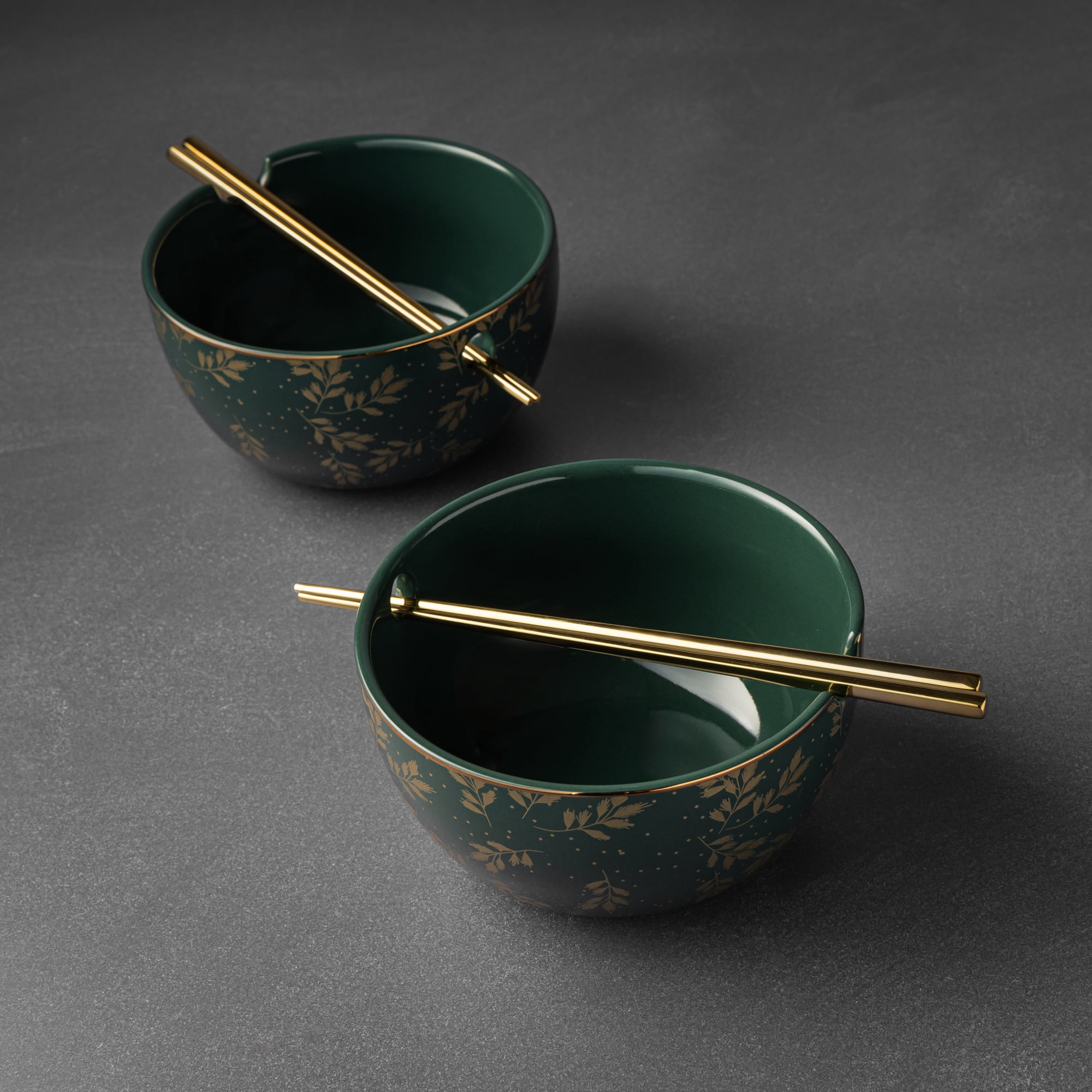 Thyme & Table Holiday Leaves 2-Pack of Ramen Bowls with Chopsticks - Green