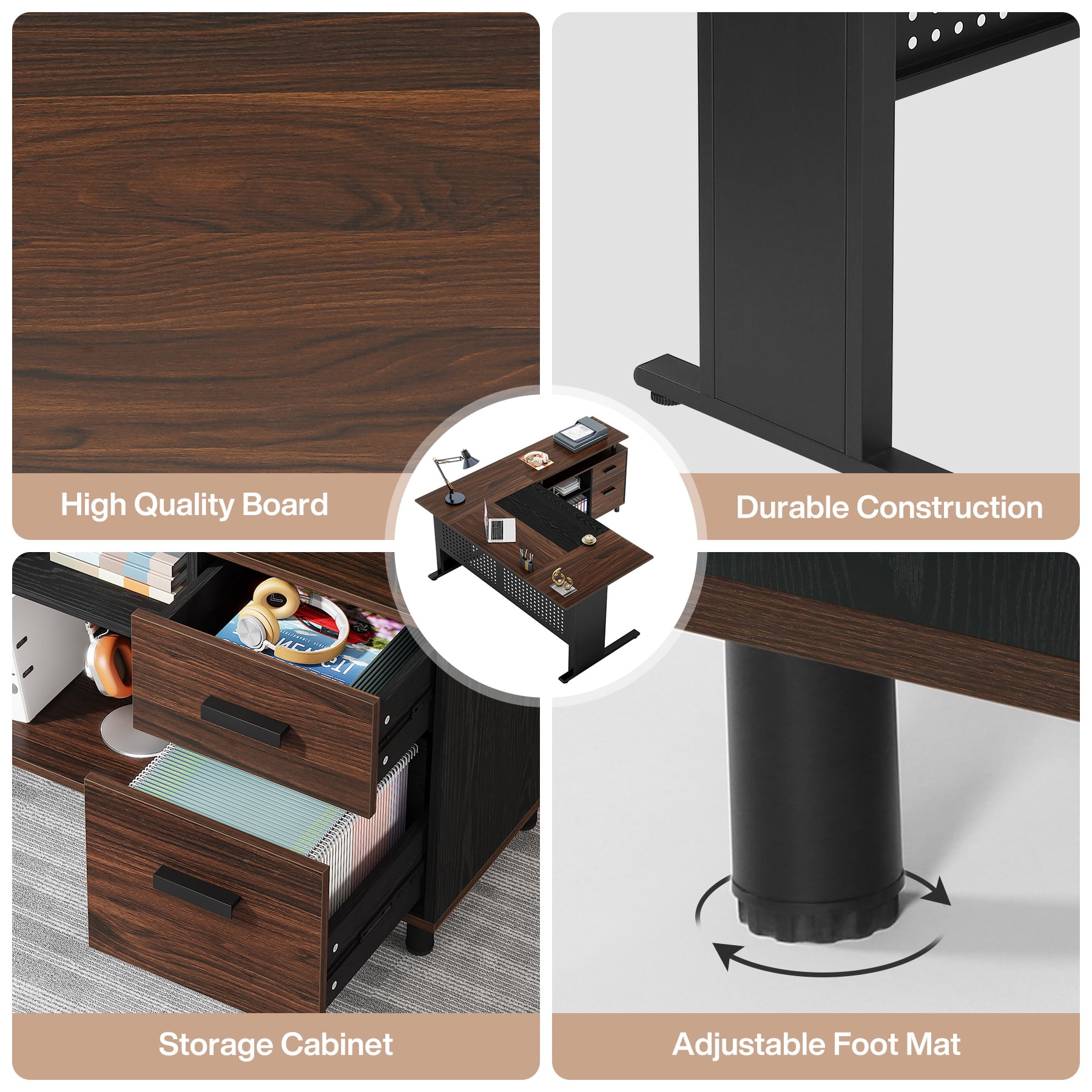 Finmind Executive Desk with File Cabinet, 63 Inch L Shaped Computer Desk with Drawers and Storage Shelves for Home Office, Brown and Black