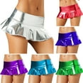 thumbnail image 2 of Womens PU Sparkly Wetlook Metallic Mini Skirt Elastic Low Waist Pleated Ruffle Flared Micro Skirts Lingerie, 2 of 16