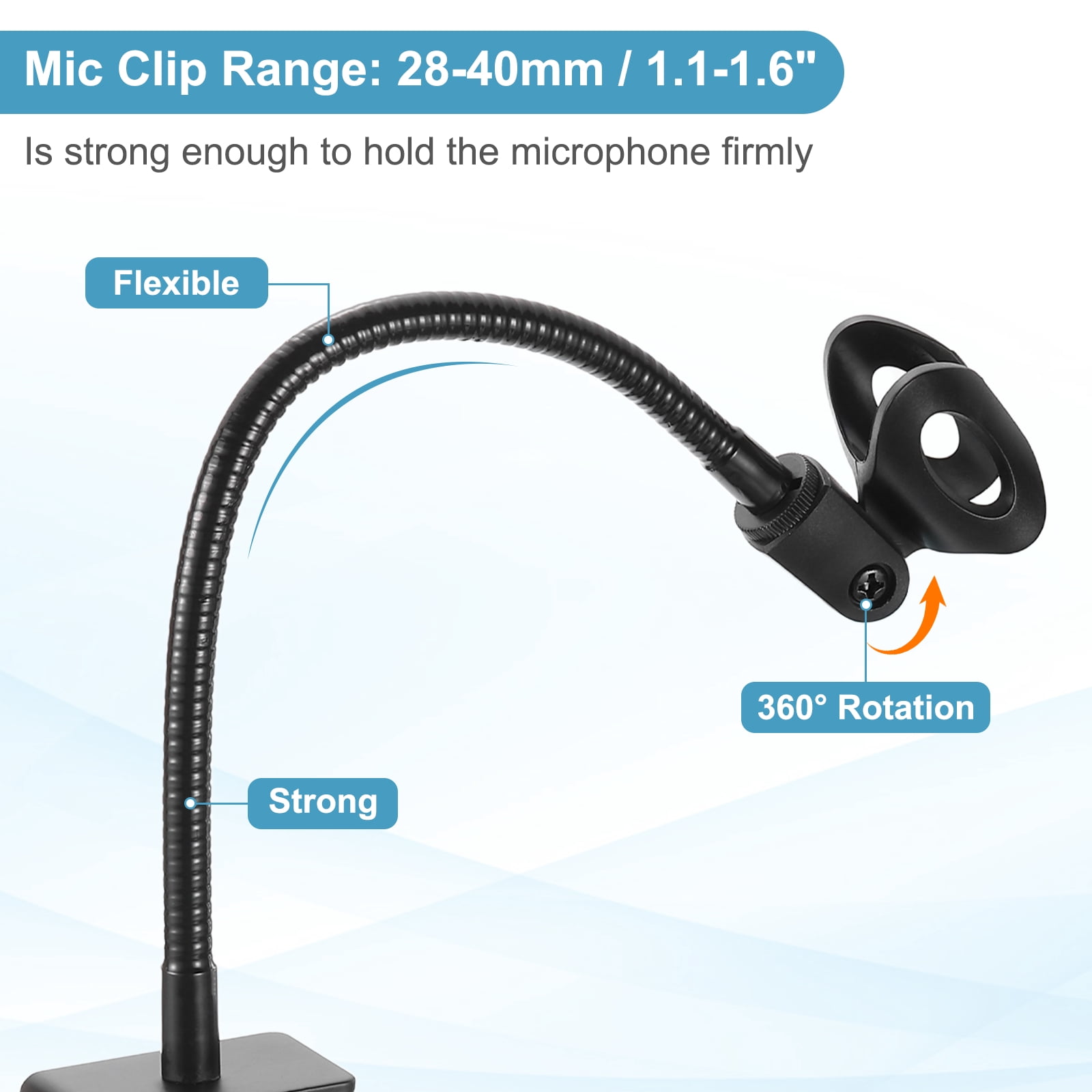Gooseneck Desk Mic Stand, 12" Long Flexible Microphone Arm Stand with Mic Clip 28-40mm Range for Live Streaming Podcasting Radio Lectures Singing,  Black ( Style 1)