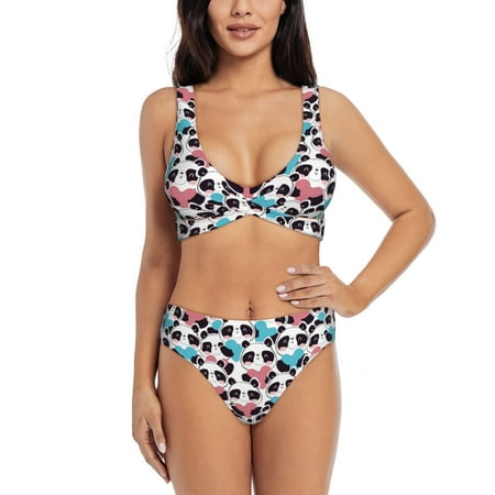 Zeuib Heart Panda High Waisted Tummy Control Bikini Set - Knot Front Push Up Top & Cheeky Thong Bottom  Two-Piece Swimsuit for Women-Small