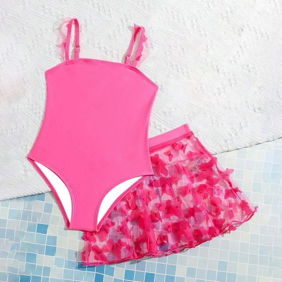 Summer Clearance!KkSLirnhs 110 Girls Swimsuits 4-16 Clearance Girls Swimsuit Two-piece with Strap and Mesh Skirt Pink
