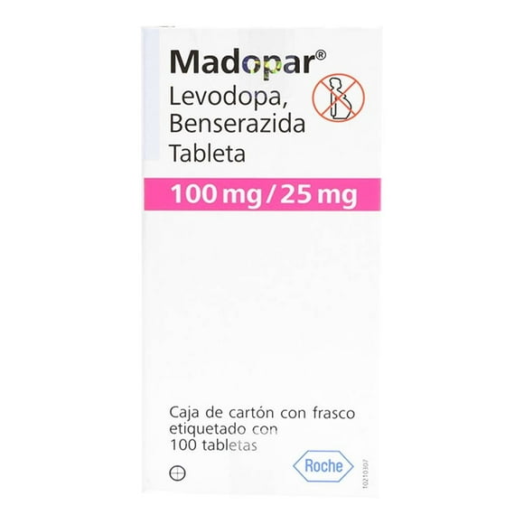 Madopar 100 mg / 25 mg caja con frasco de 100 tabletas