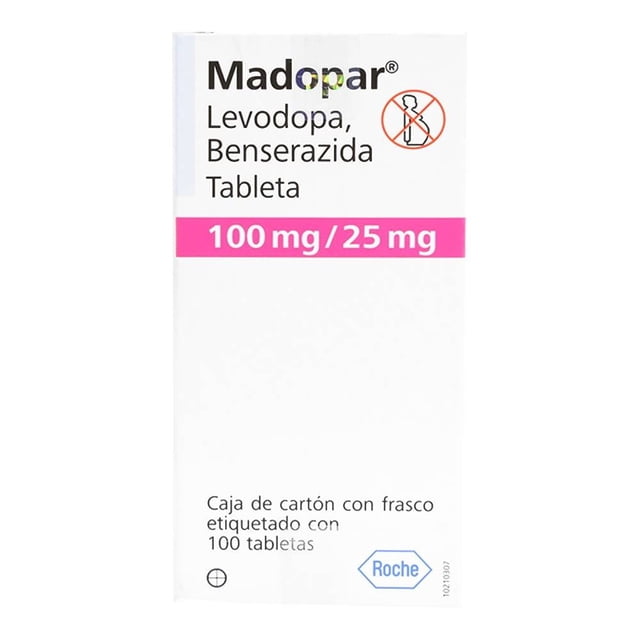 Madopar 100 mg / 25 mg caja con frasco de 100 tabletas