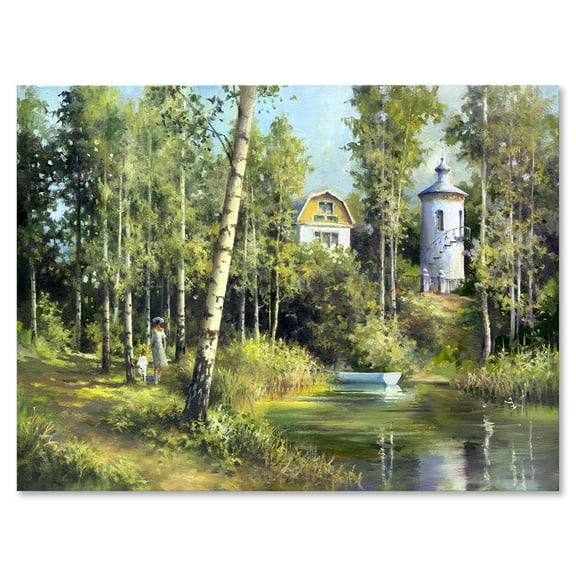 Designart ' The Wood River With Boat On A Decline By The Castle ' Lake House Canvas Wall Art Print