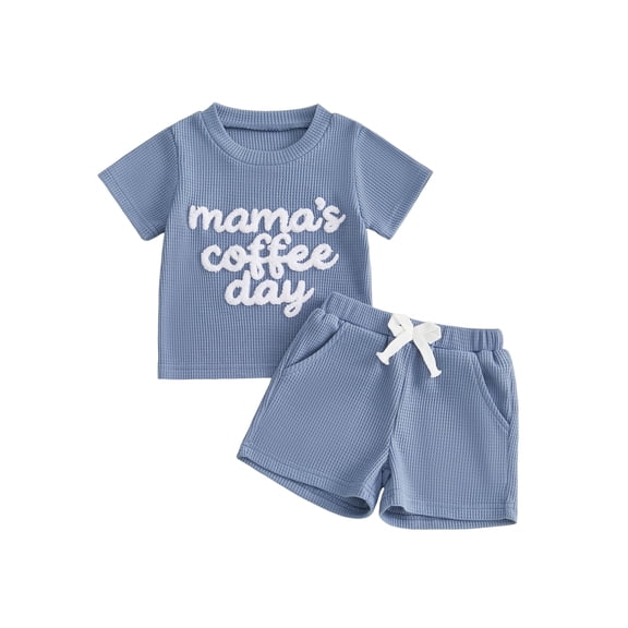 BemeyourBBs Toddler Baby Boys Mothers Day Outfit Summer Clothes Mama's Little Man Embroidery Letters Waffle Knit Short Sleeve T-Shirt and Pocket Shorts Toddler Boy Summer 2 Piece Outfits