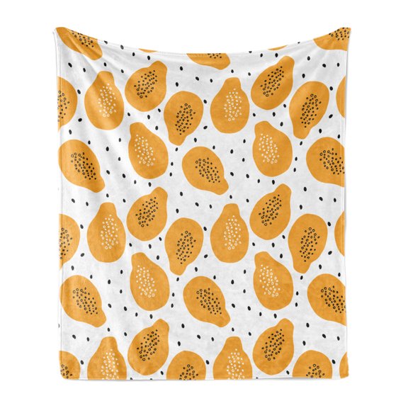 Summer Orange Soft Flannel Fleece Throw Blanket, Fruit Motifs of Papaya and on Plain Background Pattern, Cozy Plush for Indoor and Outdoor Use, 50" x 70", Pale Orange Black, by Ambesonne