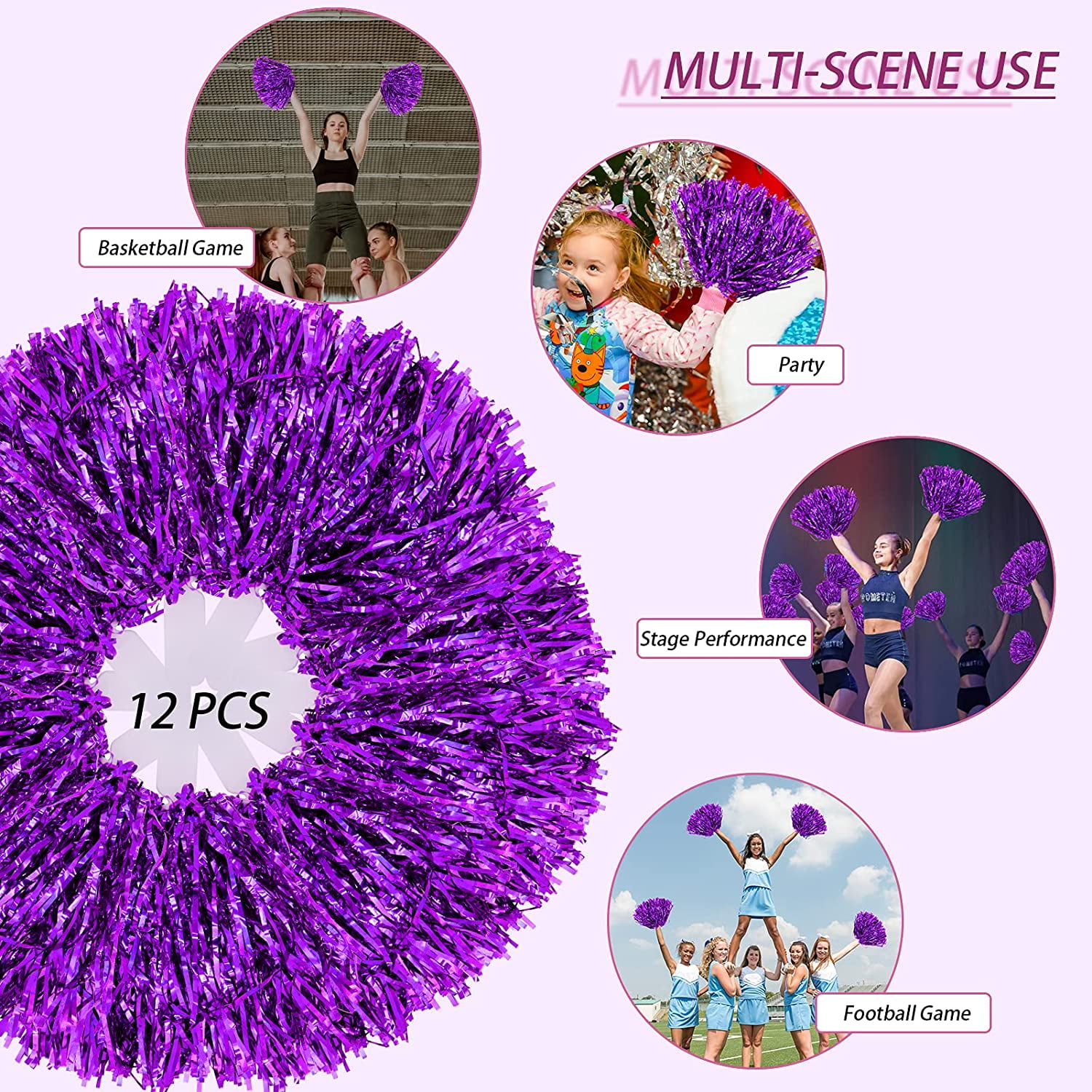 LINLIN 12Pcs Metallic Cheerleading Pom Poms with Cozy Handle, Adorable Cheerleader Pompoms Hand Flowers for Kids Adults Ball Dance Sports Team Spirit Cheering Fancy Dress Night Party