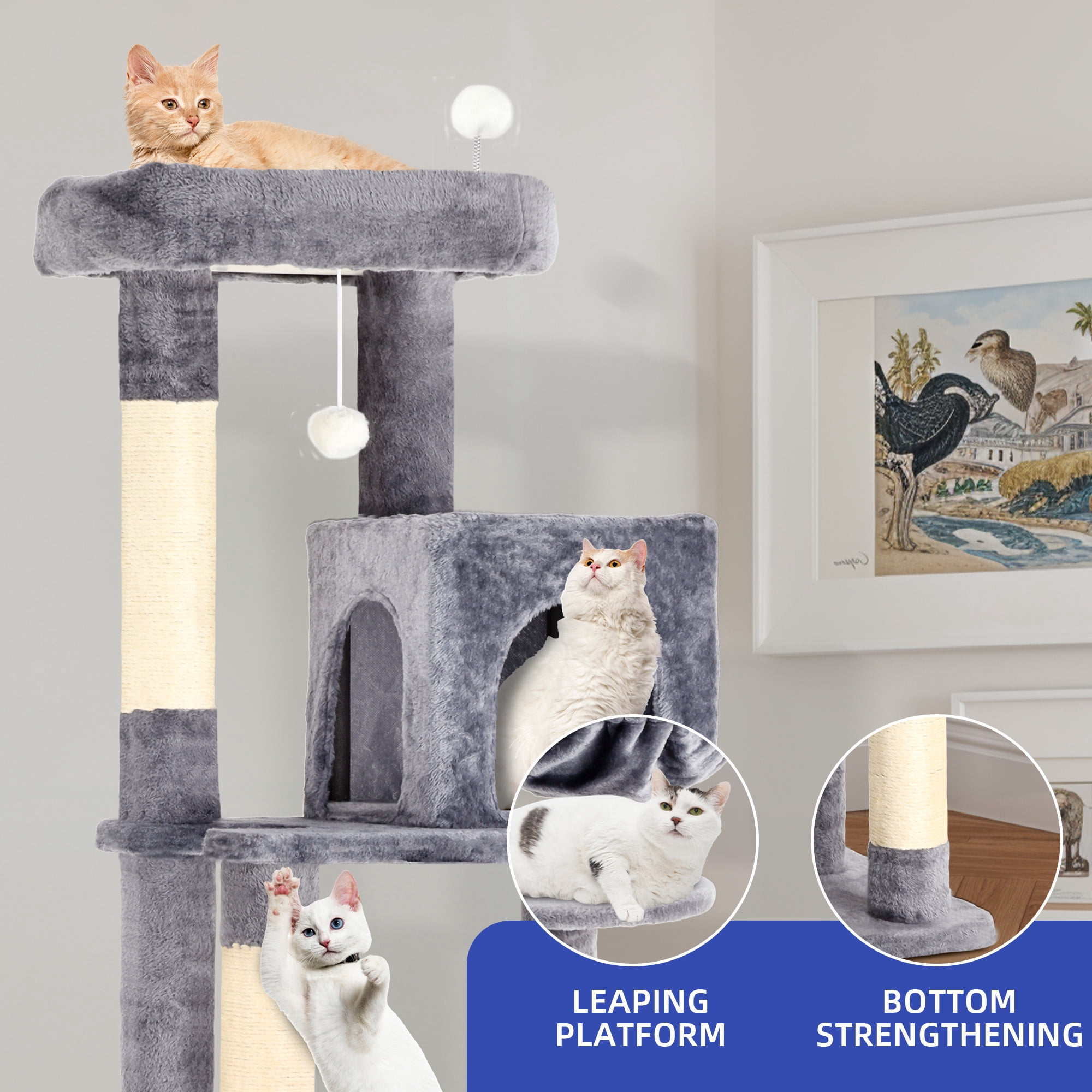 ModFusion Deluxe Multi-Level Cat Tree with Scratching Posts, Hammock, and Condos - 70" Tall, Light Gray
