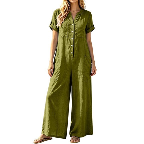 TOUMENY Spring Fall Jumpsuits for Women Wide Leg V Neck Button Front Jumpsuit Casual Loose Vacation Travel Lounge Romper Green M