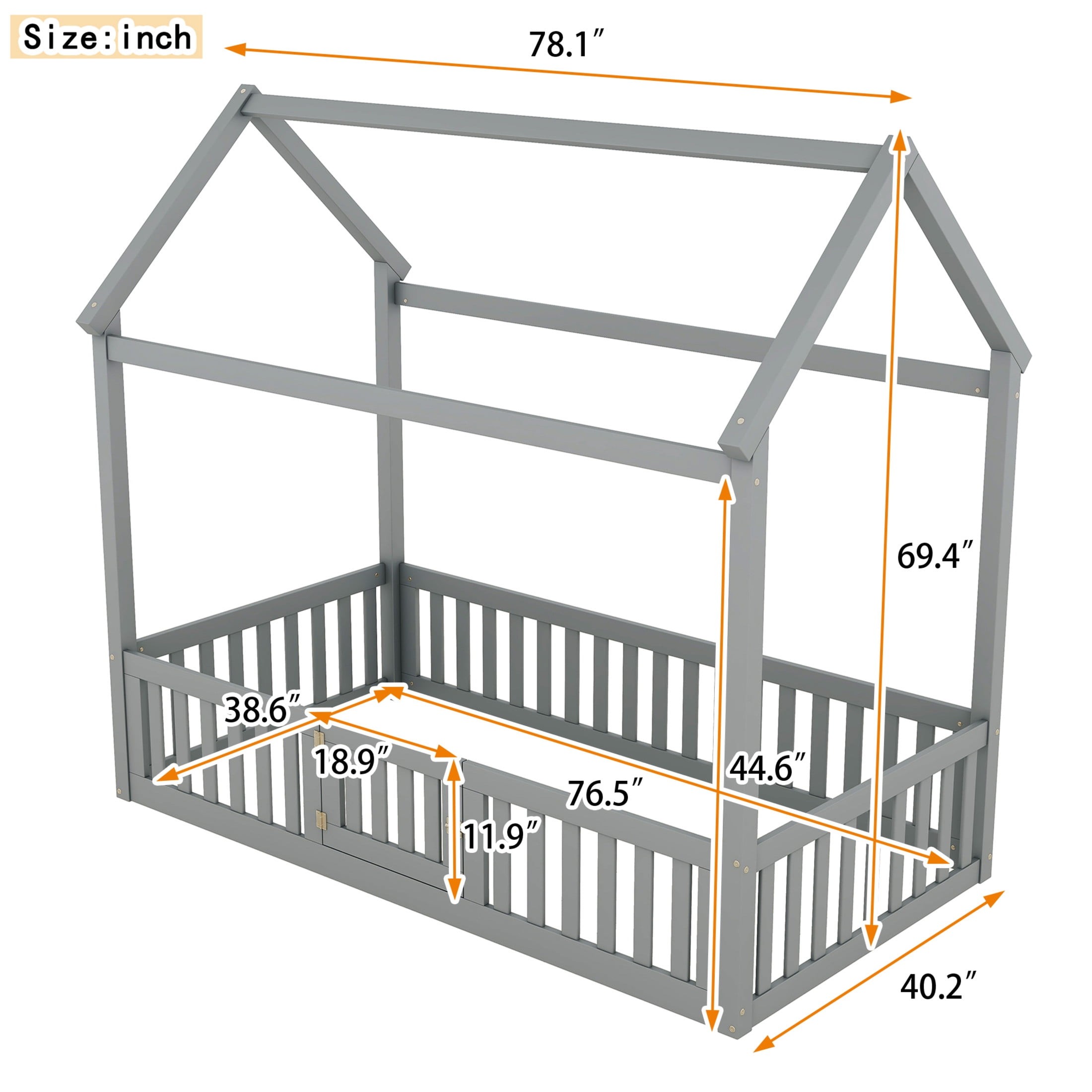Noble House Solri Twin Size Wood House Bed with Fence and Door, Whimsical Play Bed with Sky Roof, Gray