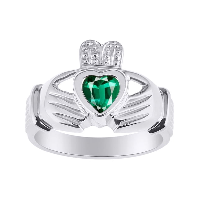RYLOS Rings 14K White Gold Claddah Love, Loyalty & Friendship Heart 6MM Gem Irish Wedding Band Claddagh Rings May Emerald Jewelry Size 10