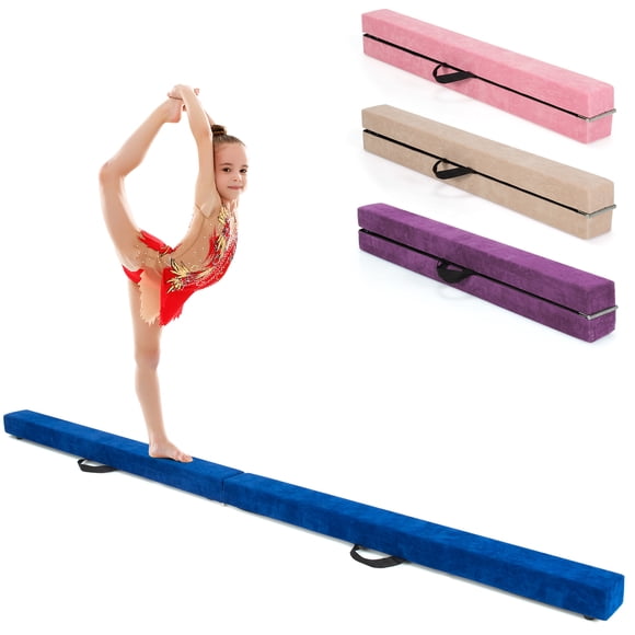 Gymax Poutre de Gymnastique Pliante de 7 Pi, Poutre d'Équilibre de Sol Portable avec Poignées pour Gymnastes, Bleu
