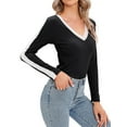 thumbnail image 3 of HUBERY Women Lace Trimmed Spliced V Neck Long Sleeve Solid Color Pullover Top, 3 of 4