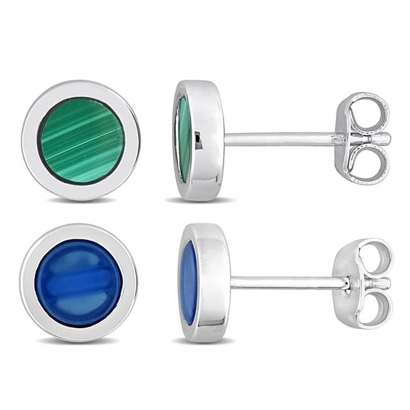Everly Men's 1 1/4ct TGW Blue Agate and Malachite Sterling Silver Stud Earrings Set