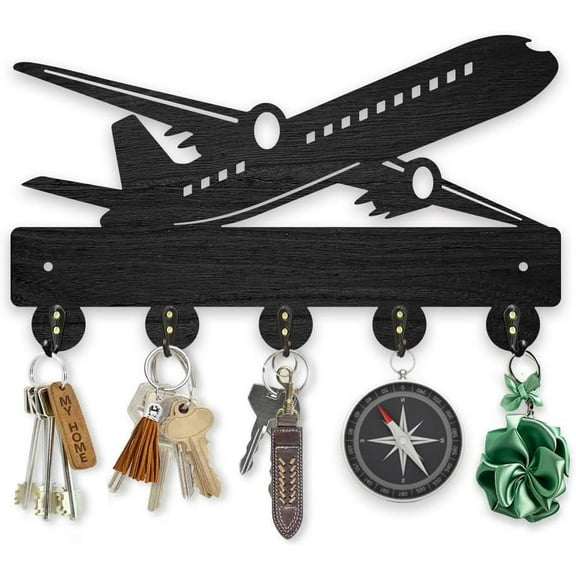 Black Wooden Airplane Coat Hook Wall Mounted 11.8×6.8inch Aircraft Key Holder for Wall Decorative Black Key Hanger 5 Alloy Hooks for Gift Entryway Bedroom Living Room Office
