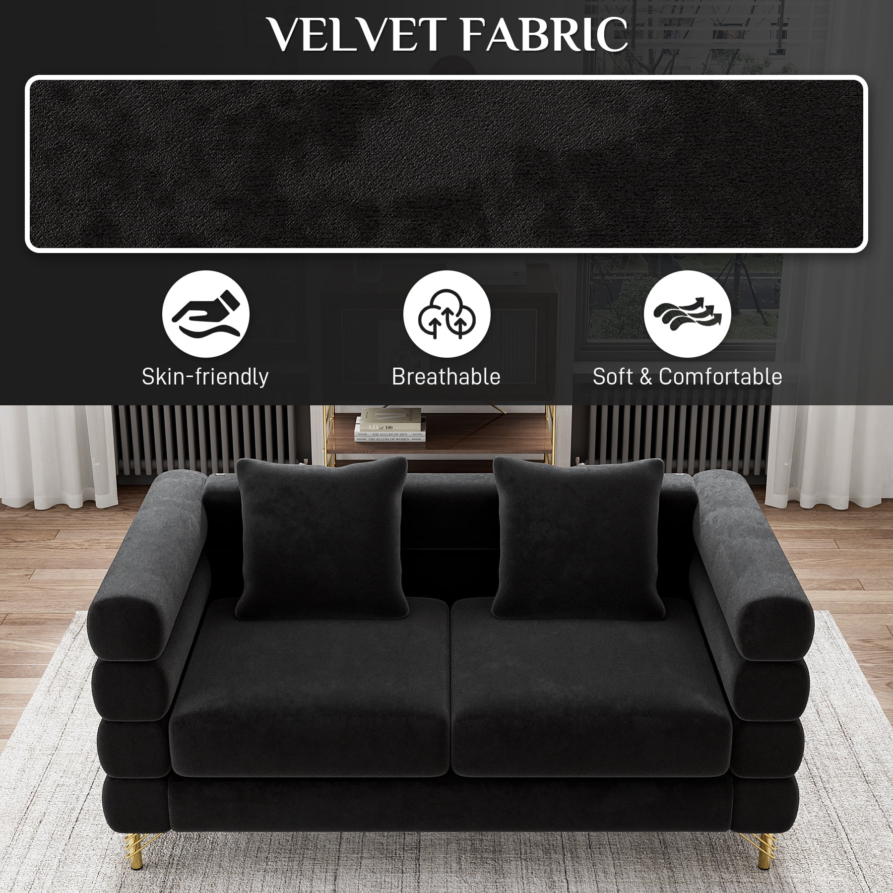Wiilayok 59" Velvet Cloud Couch, 2 Seater Deep Seat Sofa Couches with Gold Legs,Pillows,Modern Loveseat Sofa for Living Room Bedroom Office Apartment,Black