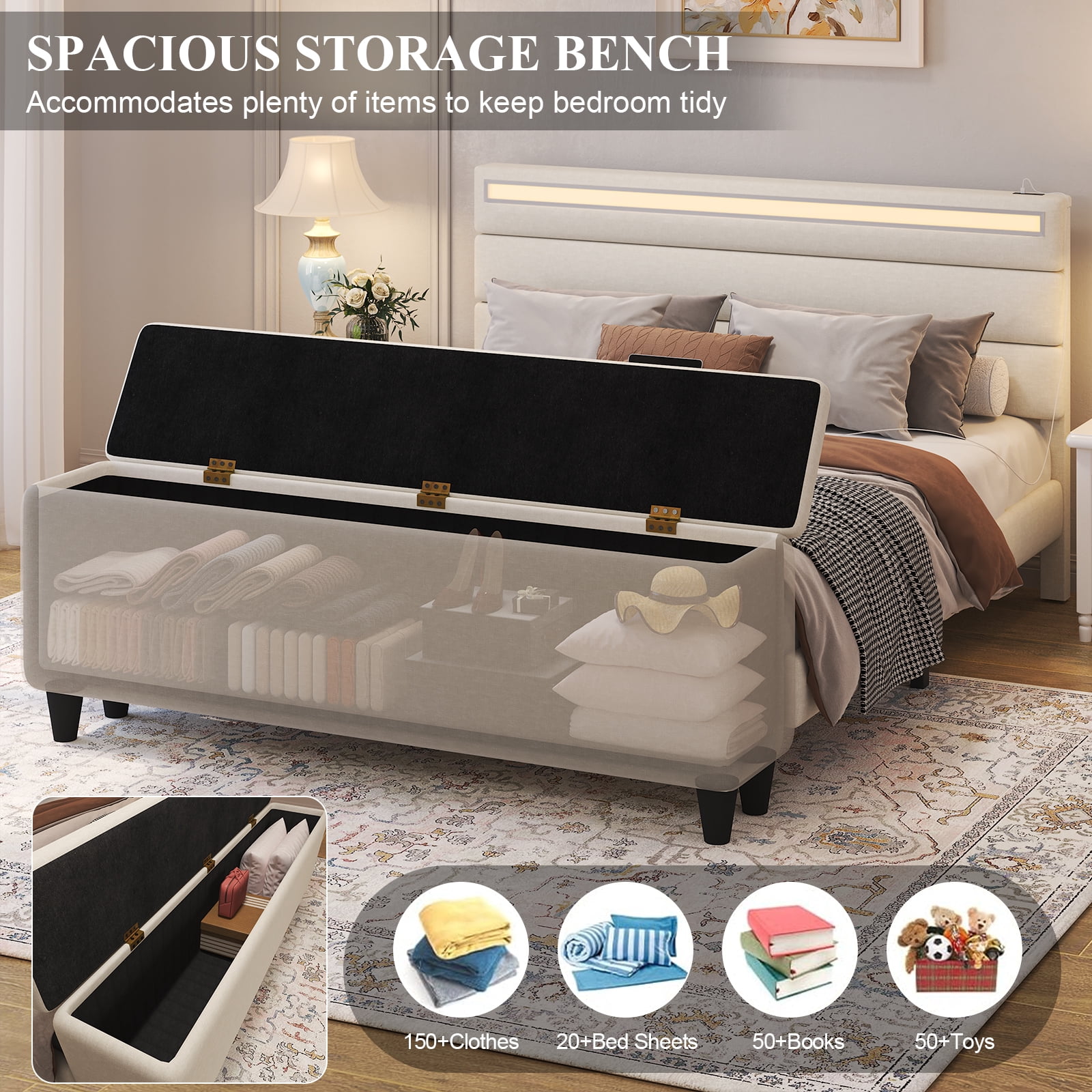 E-motie Full Upholstered Bed Frame with Storage Ottoman, Charging Station and LED, Beige Full Bed