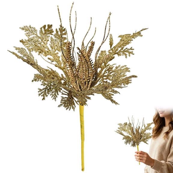 15" Glitter Artificial Spray Picks, Sparkling Gold Flower Picks for Christmas Tree, Wreath, Garland, Centerpiece, Vase, Holiday Craft Decor, 1 Pack, by Cosmug