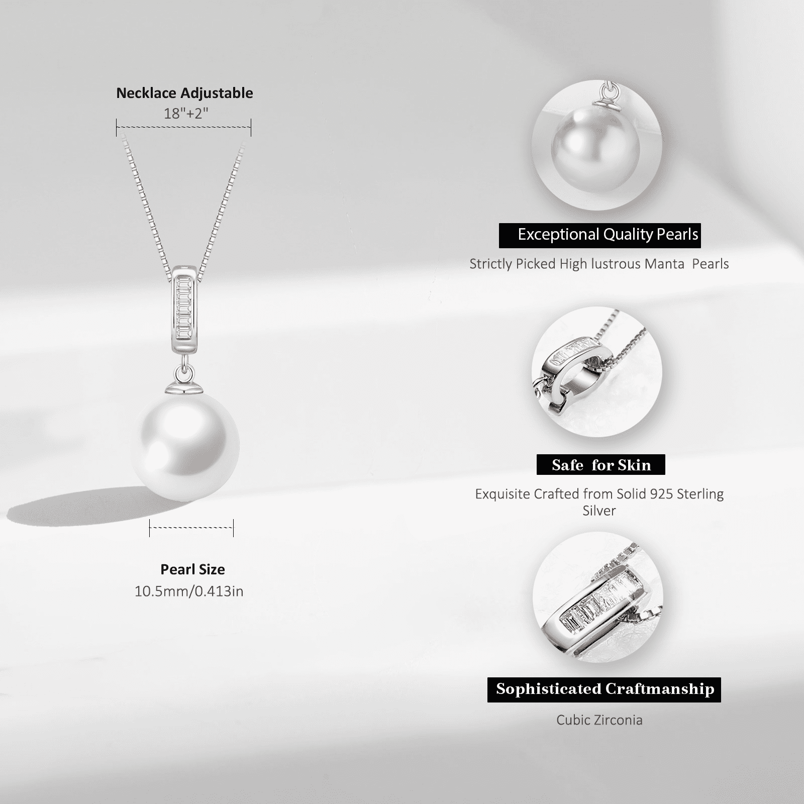 Yami 10-11mm Cultured White  Pearl Necklace 925 Sterling Silver 18+2In  Valentine's Day Jewelry Gift for Women