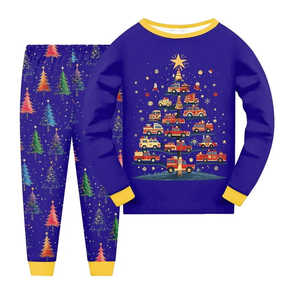Gubotare Girl Christmas Pajamas Pajamas Set for Boys Girls Color Block Long Sleeve Sleepwear Elastic Waist Pants Set Warm Underwear Size 7-8 (Blue,7-8 Years)