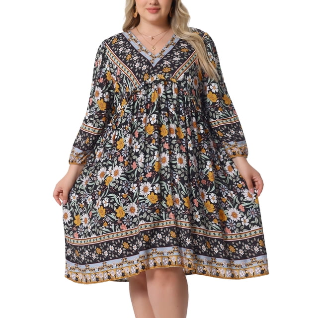 Vestido de verano para mujeres de tallas grandes Agnes Orinda para el Día de la Madre, casual bohemio, floral, con escote en V, manga 3/4, midi, corto, de playa, 3X negro y amarillo