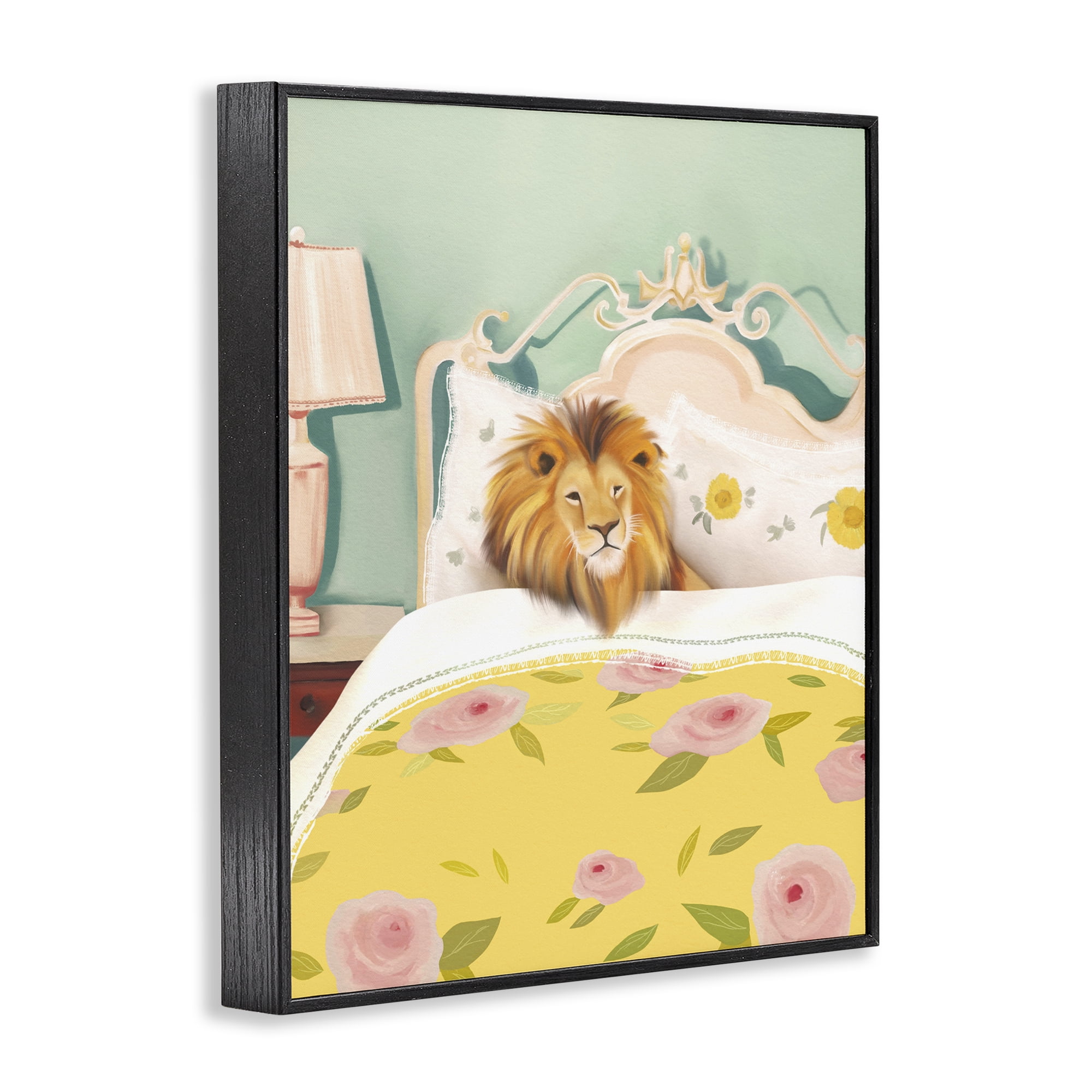 Good Morning Lion in Bed Black Framed Giclee Art, design by Leah Straatsma