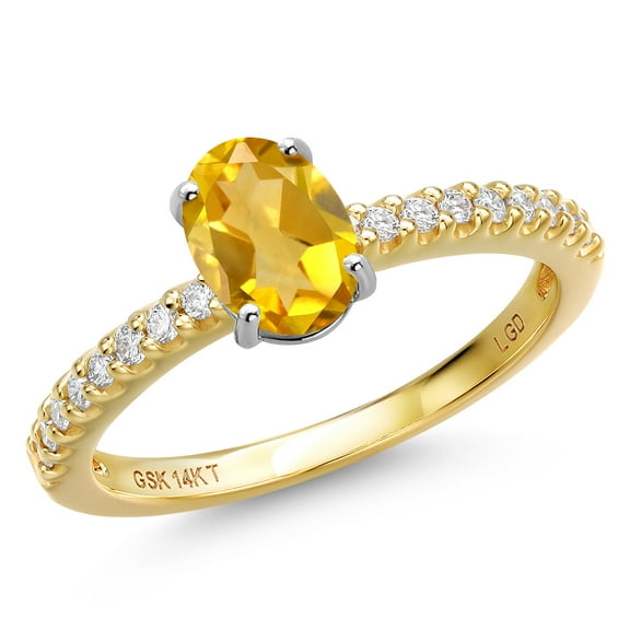 Gem Stone King 14K Two Tone Gold Yellow Citrine and Lab Grown Diamond Engagement Ring for Women | 0.91 Cttw | Oval 7X5MM | Gemstone November Birthstone | Size 7