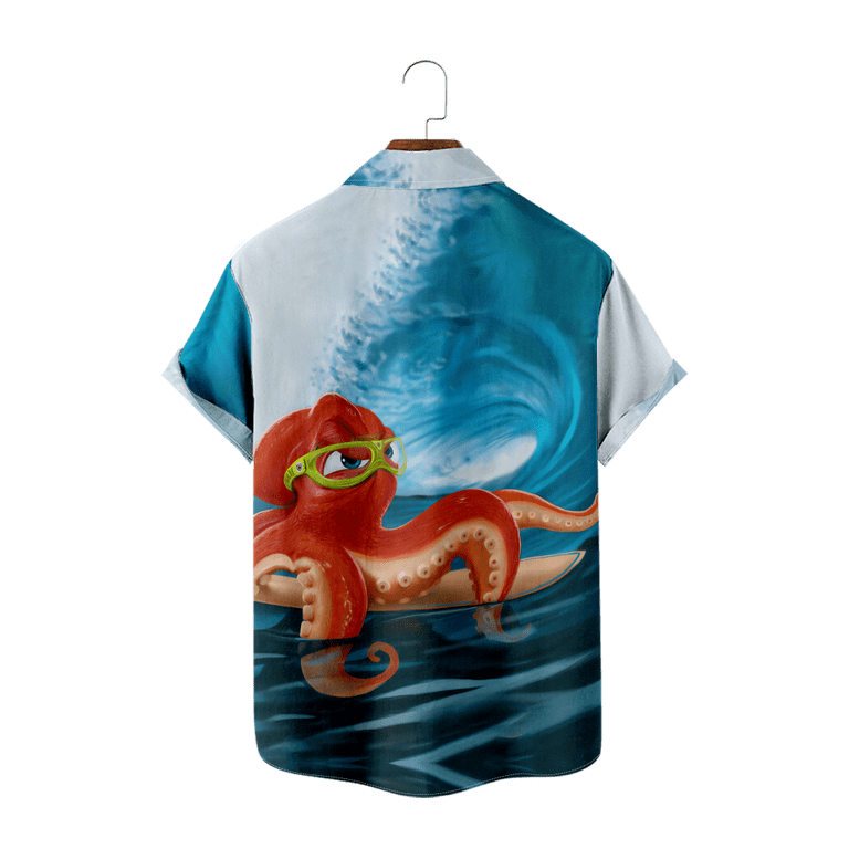 Kufutee Finding Dory Hank Octopus Short Sleeve T-shirts for Men,Finding Nemo Front Buttons Chest Pocket Hawaiian Shirt, Men's, Size: 7XL(Adult), White