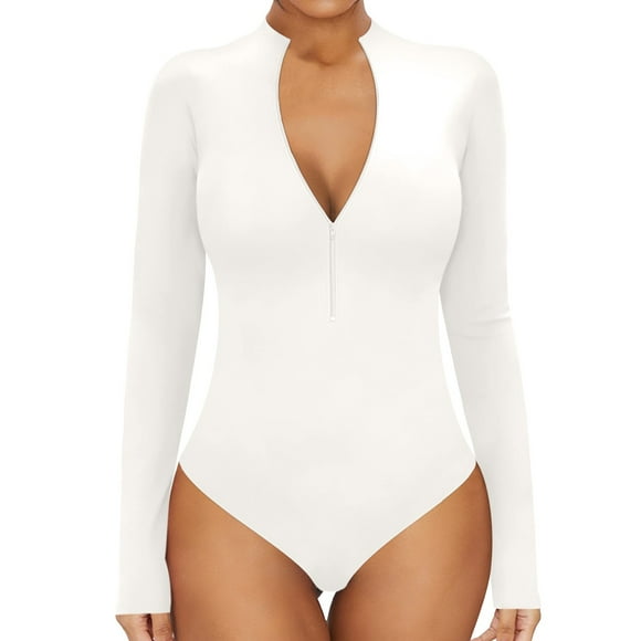 TrendOFT Shapewear Bodysuits For Women Tummy Control Sexy Zipper Front Mock Neck Long Sleeve Y2K Casual Basic Body Suits For Womens White S