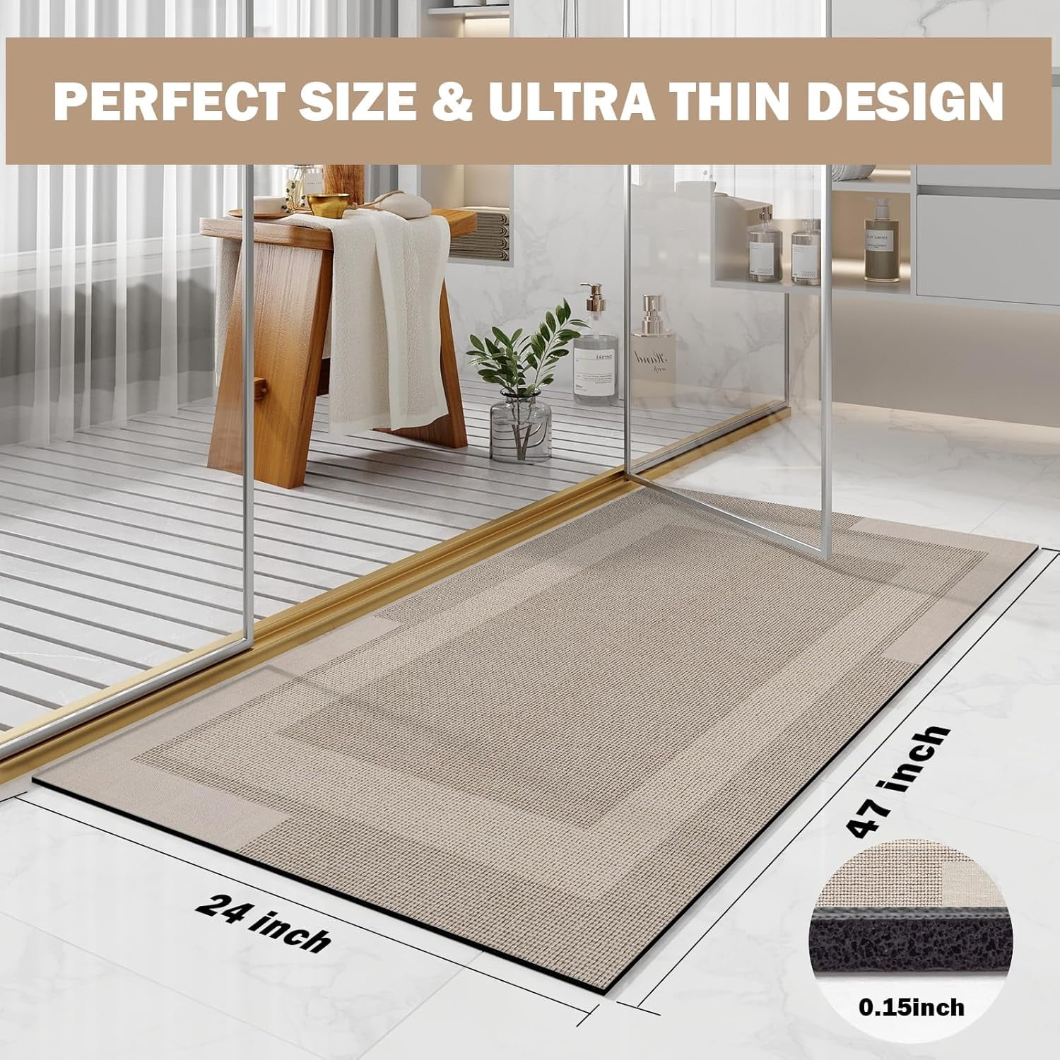 QiCaiJia Non Slip Bathroom Rugs, Absorbent Quick Dry Thin Bath Mat With Rubber Backing For Bathroom Floor Fit Under Door 24"x48" Beige