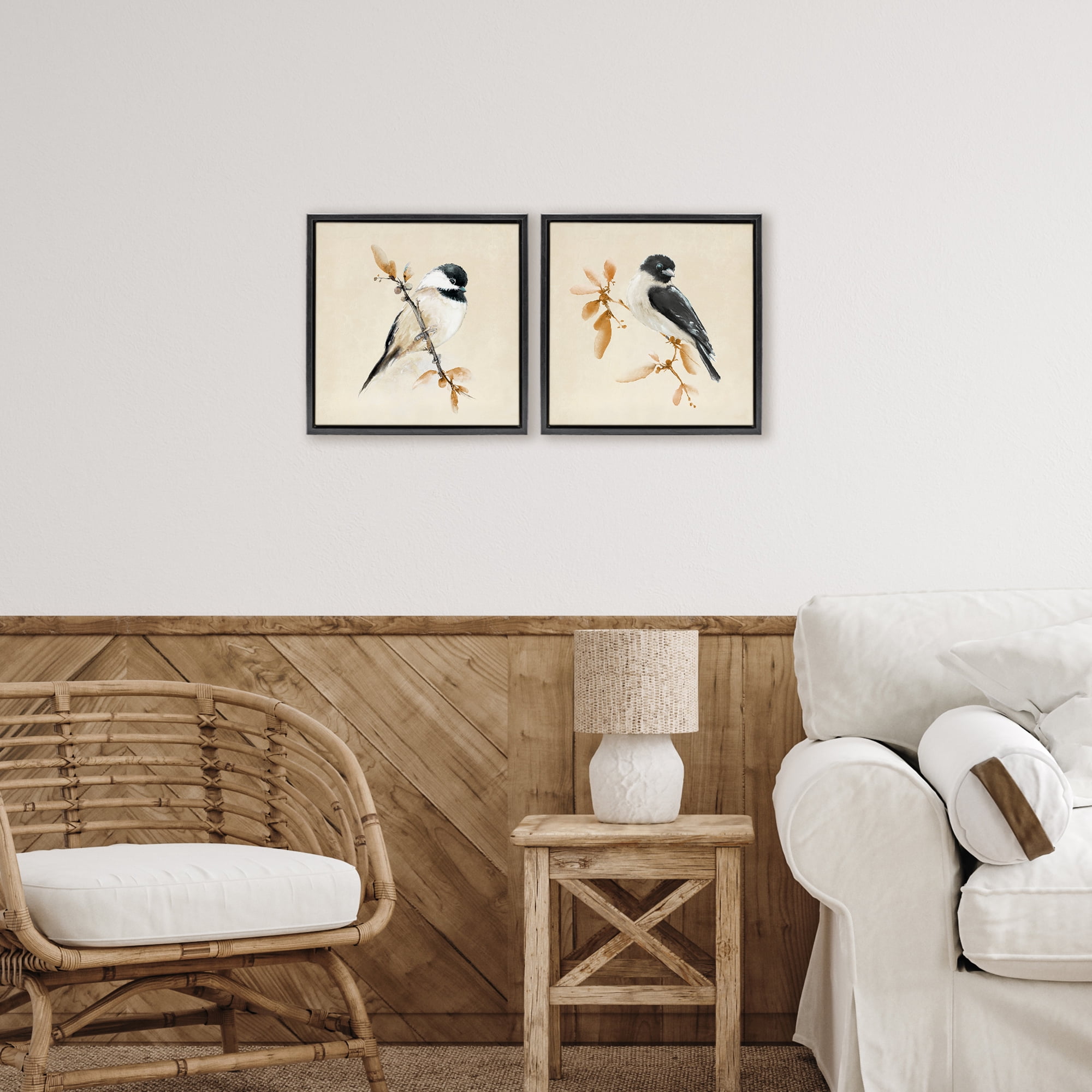 Stupell Industries Muted Chickadees on Beige 2 Piece Black Framed Floater Canvas Set, design by Diannart
