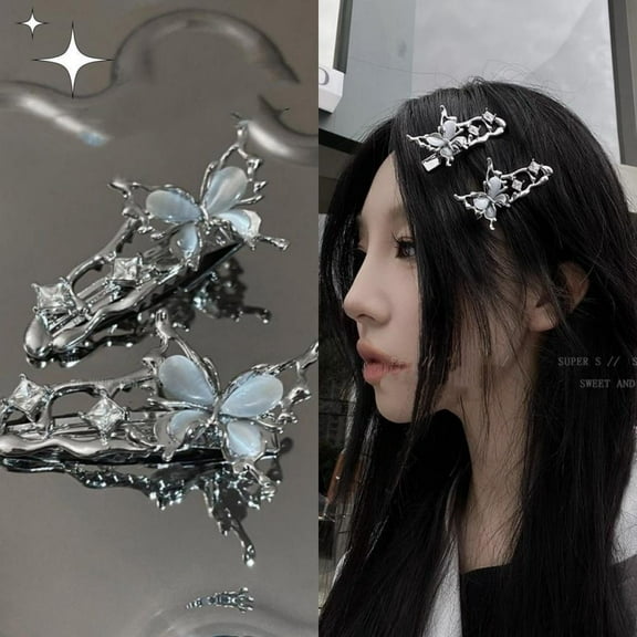 Gifts for women-Fashionable Cold Style Cat Eye Stone Butterfly Hairpin Metal Hair Accessories Side Clip Straight Duckbill Clip