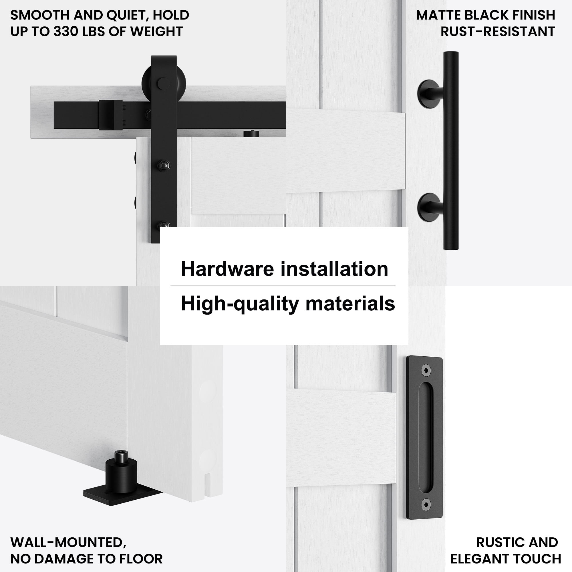 36in. W x 84in. H White Sliding MDF Barn Door with Black Sliding Door Hardware Kit & Handle, Pre-Drilled Ready to Assemble, Waterproof PVC Coating, H-Frame