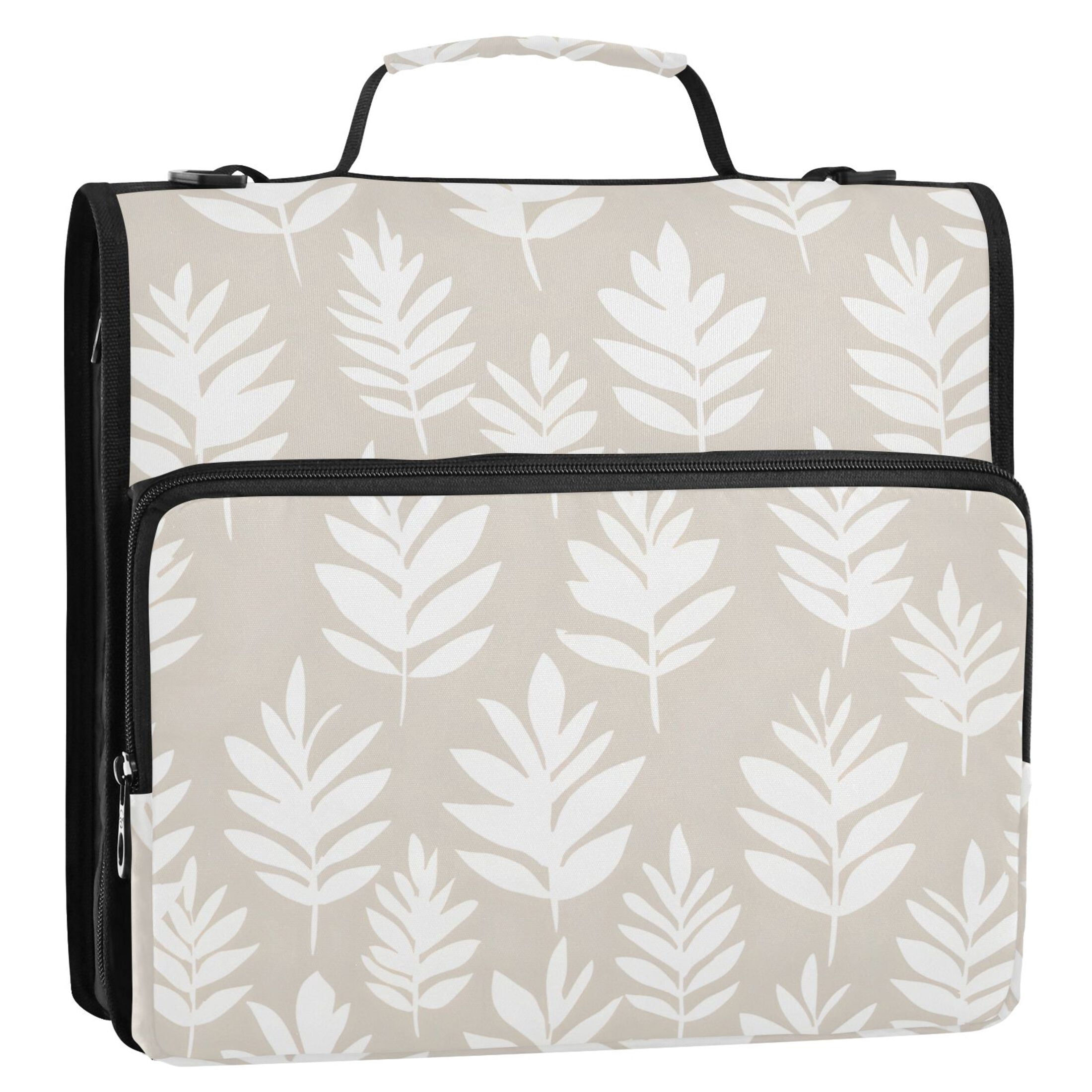 3 Ring Zipper Binder with Shoulder Strap Waterproof Trapper Keeper 2 Inch D-Ring 500 Sheets Capacity White Bohemian Leaves